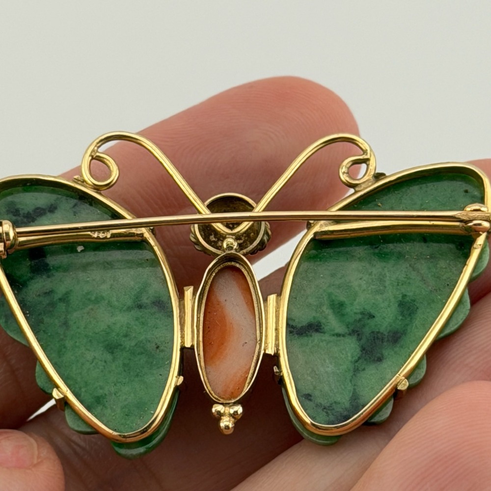 Vintage 18K Gold Moth Butterfly Brooch Carved Green Jade Coral Stone Turquoise - Picture 11 of 14